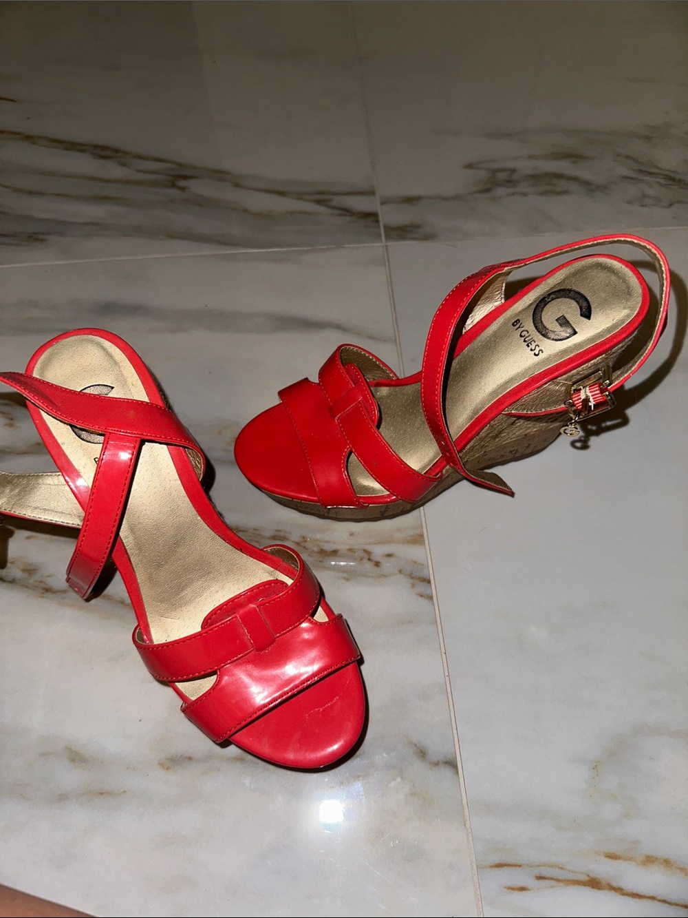 G by Guess Red Cork Wedge Sandals